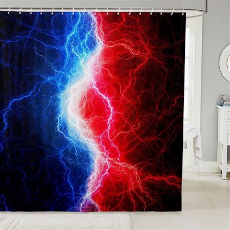 Blue Red Black Bathroom Accessories Lightnings Abstract Shower Curtain