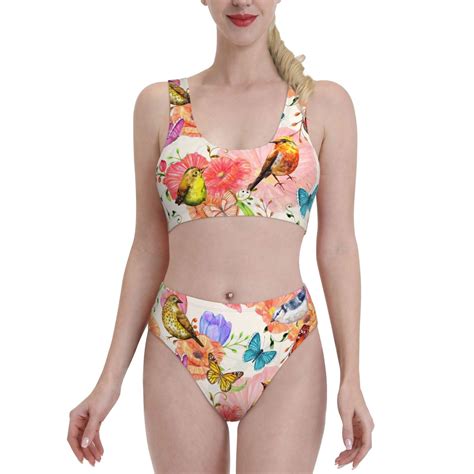 Lukts Women High Waisted Bikini Set Flowers And Birds Watercolor