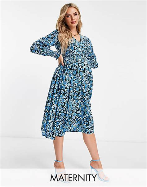 Wednesdays Girl Maternity V Neck Tie Waist Smock Dress In Blue Meadow