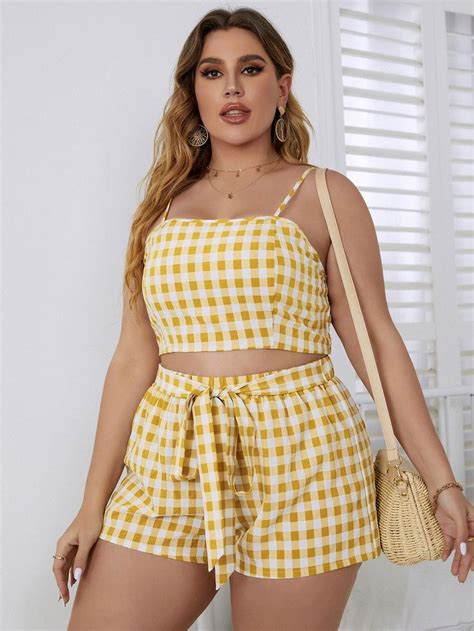 Plus Gingham Cami Top And Belted Shorts Guingán Conjunto Primaveral Paño