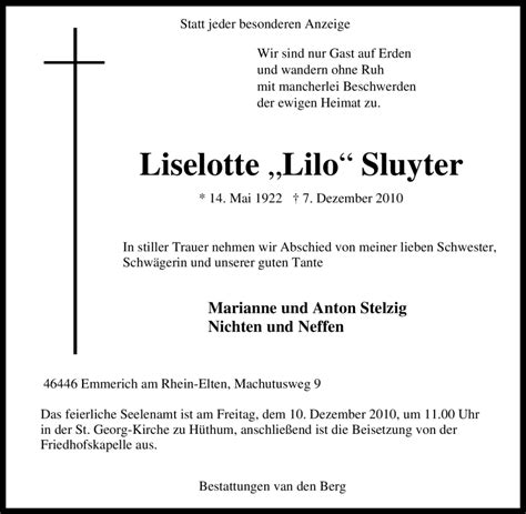 Traueranzeigen Von Liselotte Sluyter Trauer In Nrw De