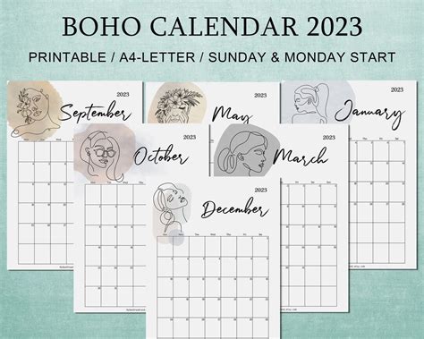 Boho Monthly Calendar 2023 Printable Boho Style Calendar Etsy