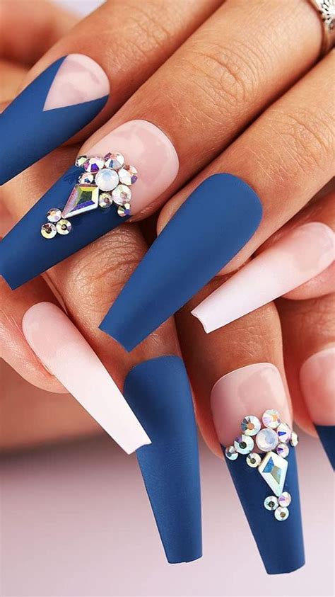 Aksod Matte Crystal Press On Nails Blue Extra Long Coffin Fake Nails 3d Bling Designed Ballerina