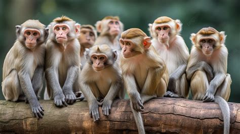 Group Of Monkeys Sitting On Tree Background Picture Of Different