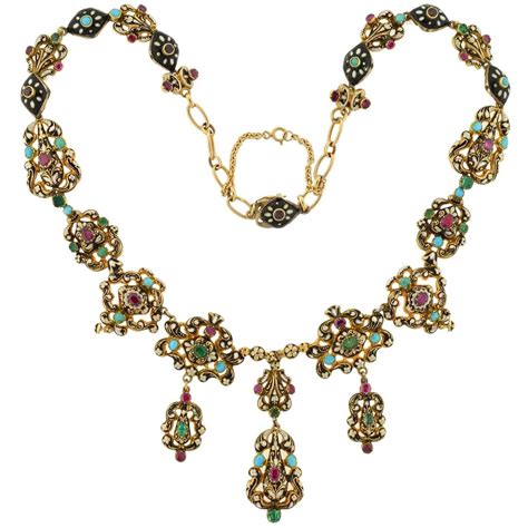 Early Victorian Swiss Enamel Gemstone Gold Earring And Necklace Set At