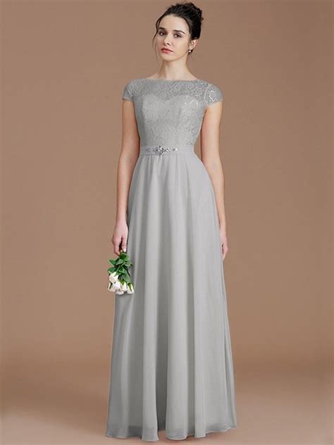 A Line Princess Bateau Sleeveless Lace Floor Length Chiffon Bridesmaid