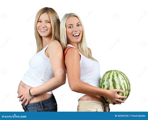 Pregnancy One Woman Is Holding Pregnant Belly Other Woman Is Holding Watermelon Isolated Two