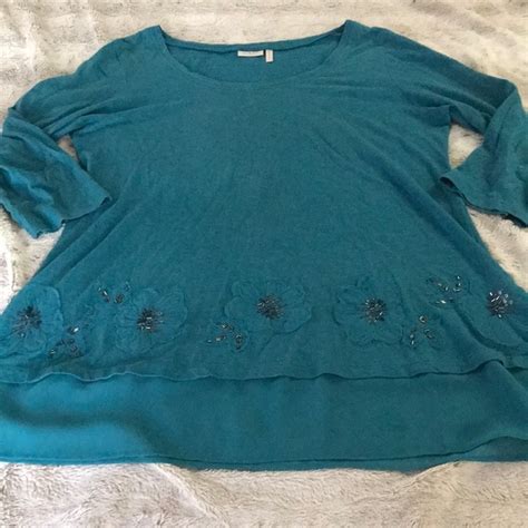 Logo By Lori Goldstein Tops Teal Beaded Floral Chiffon Trim Tunic M