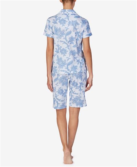 Lauren Ralph Lauren Printed Knit Cotton Notch Collar Top And Bermuda Shorts Pajama Set Macys