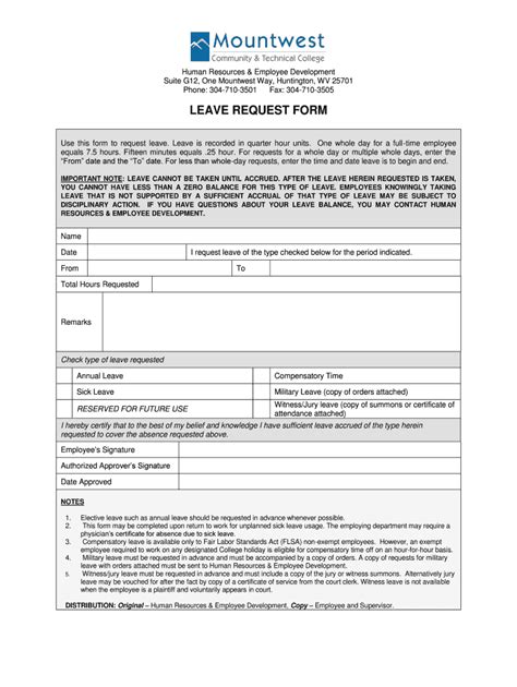 Fillable Online Mctc LEAVE REQUEST FORM Mountwest Community Fax