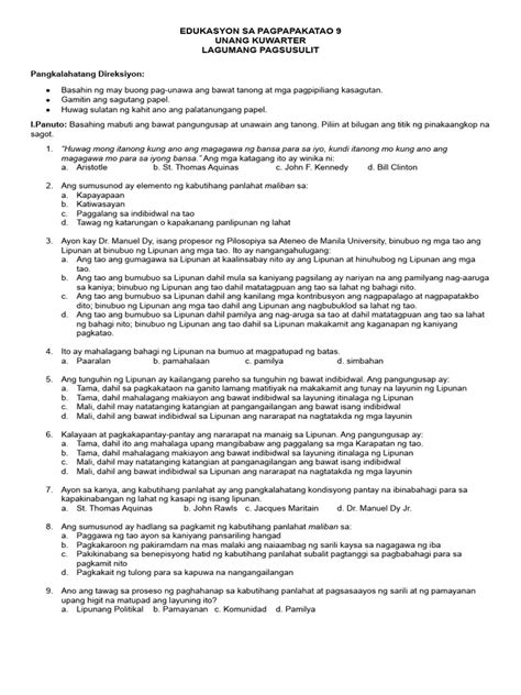 Edukasyon Sa Pagpapakatao 9 Exam Pdf