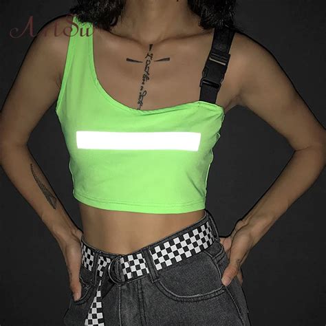 Artsu Patchwork Harajuku Neon Green Crop Top Women Backless Sexy Tank Tops Tees Reflective Strip