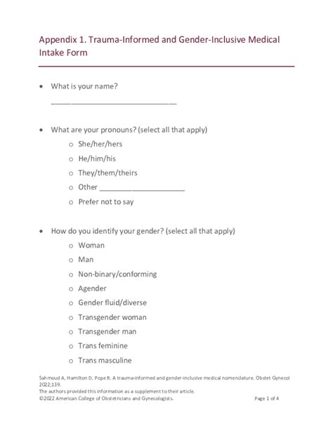 Fillable Online Appendix 1 Trauma Informed And Gender Inclusive Medical Intake Fax Email