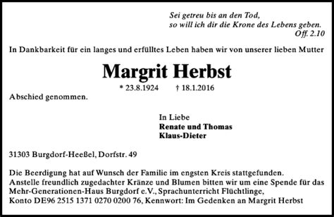 Traueranzeigen Von Margrit Herbst Trauer Anzeigen De