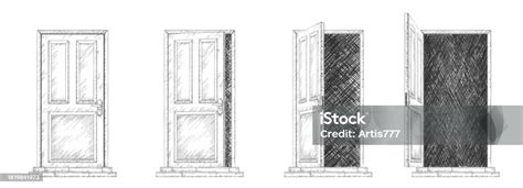 Door Opening Sequence Set Of Line Sketches Half Open And Closed Doors