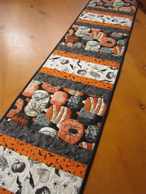 Halloween Quilted Table Runner With Pumpkin Bats And Crows By