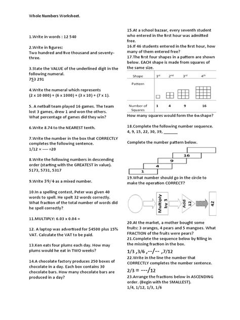 Math Whole Numbers Worksheet | PDF