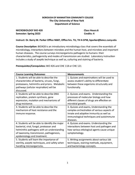 Microbiology Syllabus Borough Of Manhattan Community College The City