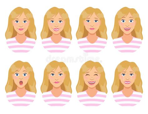 Women`s Emotions Female Face Expression Cute Cartoon Girl Stock