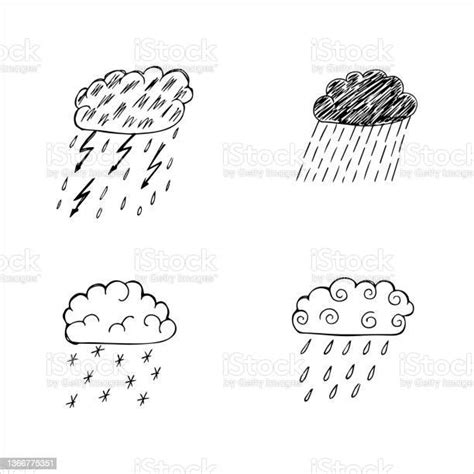 Hand Drawn Clouds With Precipitation Rain Snow Thunderstorm Doodle