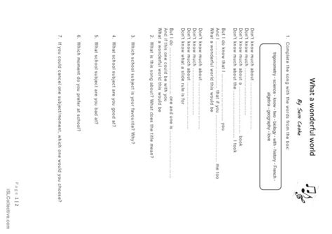 What A Wonderful World Song English Esl Worksheets Pdf And Doc