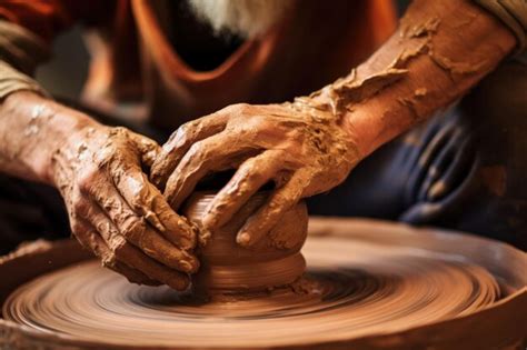 Premium Photo Potters Hands Molding Clay On Wheel Generative Ai