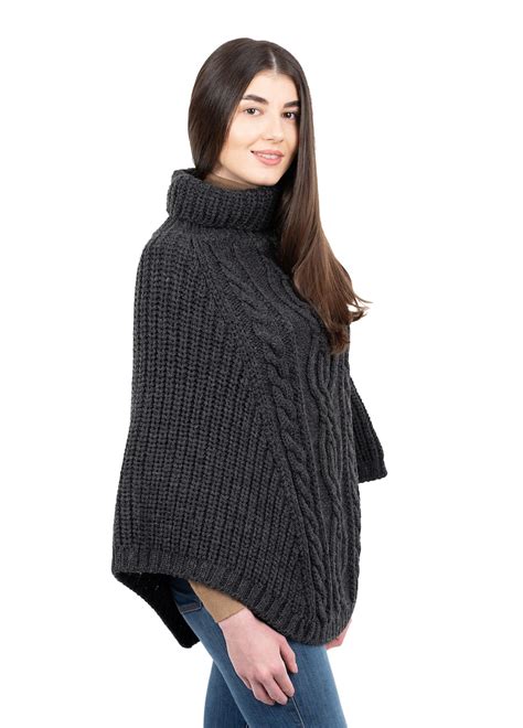 Aran Cowl Neck Knit Poncho For Women 100 Merino Wool Wrap Etsy