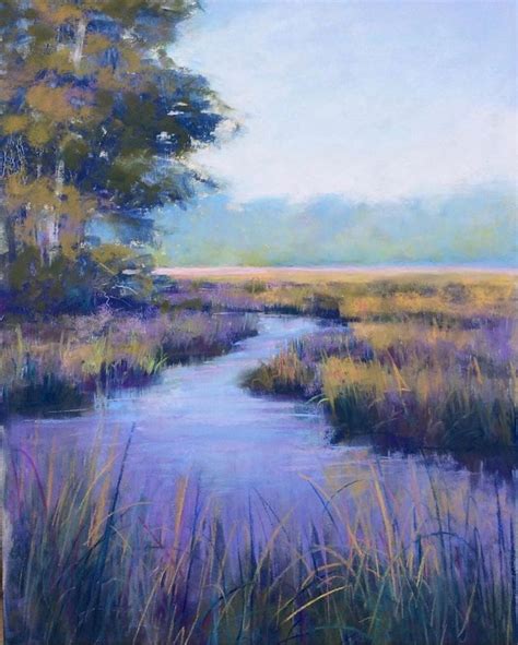 A Painting Of A River Running Through A Field