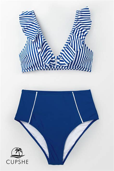 Blue Striped Bikini Bikini Set High Waist High Waisted Bikini