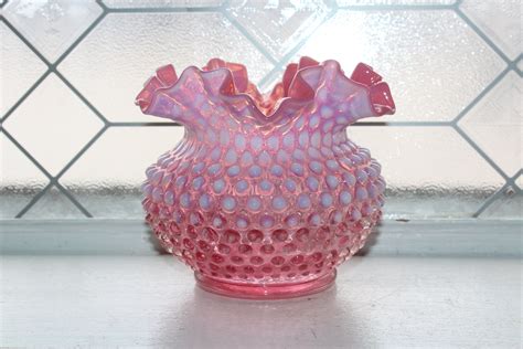 Fenton Hobnail Glass Vase Pink Cranberry Opalescent 1950s