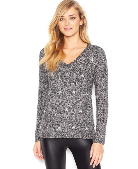 Kensie Long Sleeve V Neck Embellished Sweater Only At Macy S In Gray