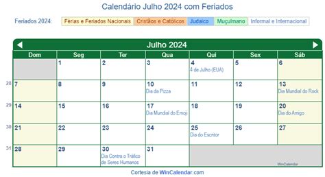 Feriado Em Julho - Calendario De Julho De 2024 Com Feriados Para Imprimir Feriados Em