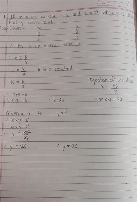 If X Varies Inversely As Y And X 10 When Y 8 Then Find Y When X