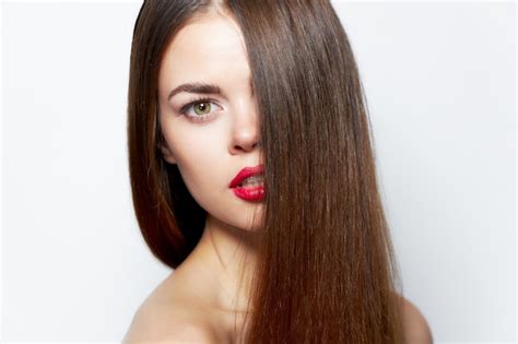 Premium Photo Brunette Attractive Look Red Lips Bared Shoulders Clear