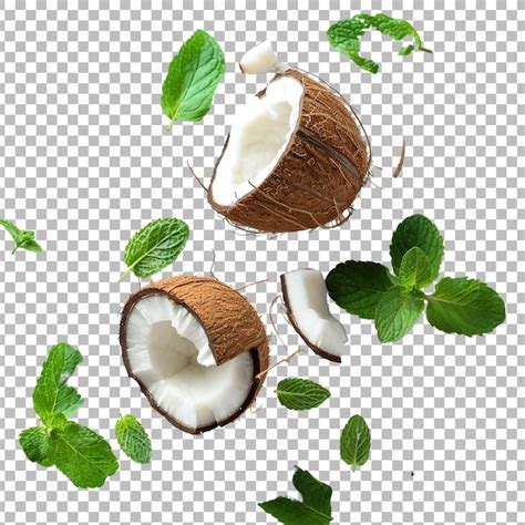 Coconut With Mint Leaves Png Isolated On Transparent Background