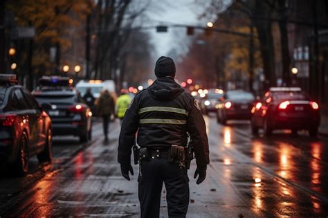 Premium Ai Image Photorealistic Of A Policeman On Duty From Behind