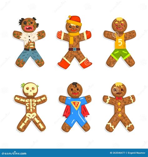 Gingerbread Man As Christmas Cookie Wearing Different Costumes Vector