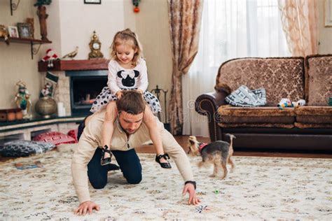 Happy Little Girl Sitting On Dad`s Neck Stock Photo Image Of