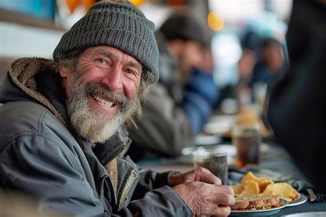 Premium Photo Portrait Of A Smiling Homeless Beggar With A Plate Of Food