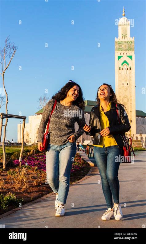 Morocco, Casablanca, young women on the forecourt of the Hassan II ...