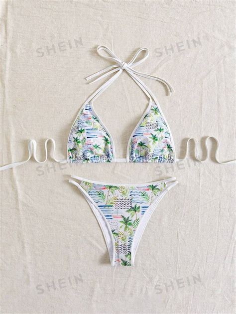 Shein Swim Vcay Plus Size Printed Halterneck Bra And Swimsuit Bikini