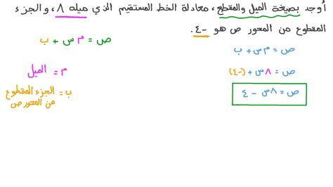 فيديو السؤال إيجاد معادلة خط مستقيم بصيغة الميل والمقطع بمعلومية الميل