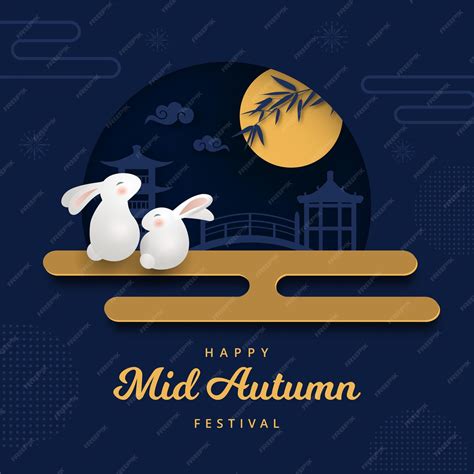 Premium Vector Mid Autumn Festival Banner Cute Rabbits Watching Full