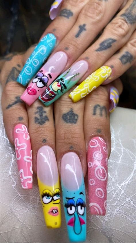 Nail Art Bob Esponja Y Personajes Acrylic Nails Long Nails Nail Colors