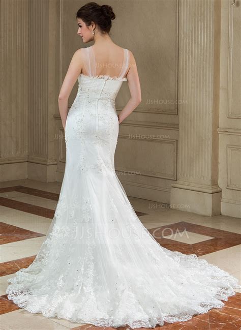 Trumpet Mermaid Scalloped Neck Court Train Tulle Wedding Dress With