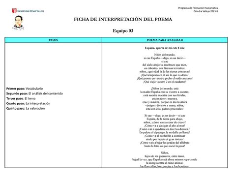 Ficha De Interpretaci N Del Poema S C Tedra Vallejo Ii Ficha De