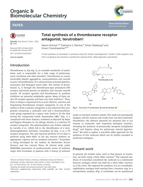 Pdf Total Synthesis Of Thromboxane Receptor Antagonist Terutroban