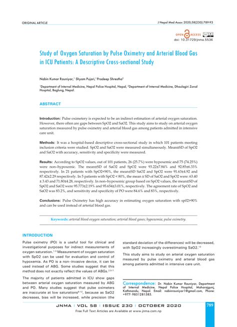 Pdf Study Of Oxygen Saturation By Pulse Oximetry And Arterial Blood