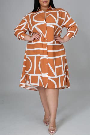 Orange Fashion Casual Plus Size Print Basic Turndown Collar Shirt Dress_PLUS SIZE ...