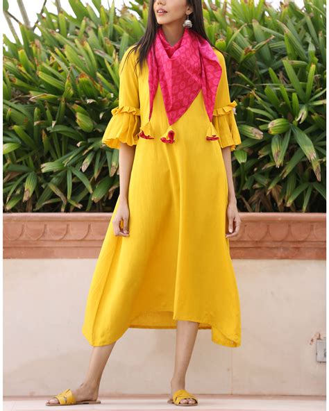 Yellow frilled scarf dress by Ambraee | The Secret Label